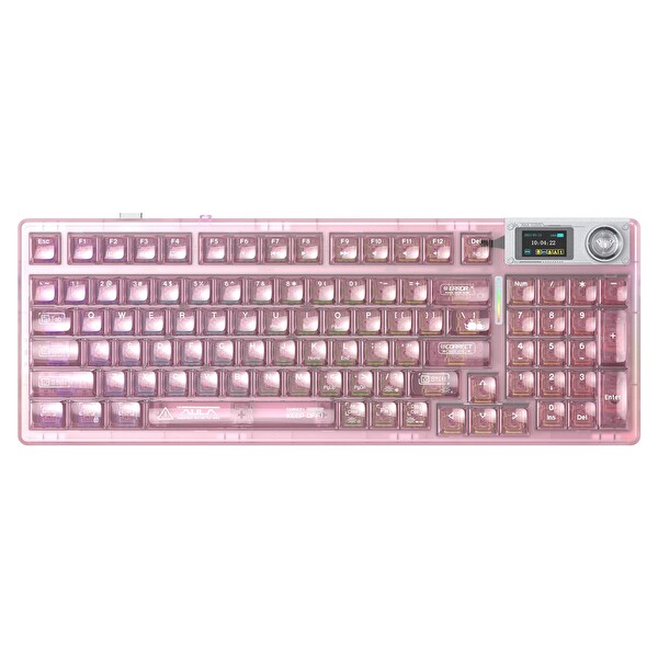 Aula F98 Pro V3 OLED Ekranlı RGB Mekanik Kablosuz Kristal Anahtarlı Hot Swap Gasket Makrolu Şeffaf Pembe Oyuncu Klavyesi