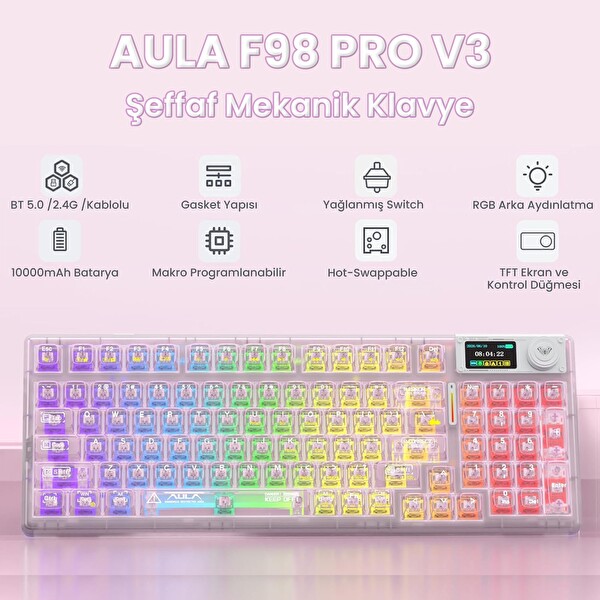 Aula F98 Pro V3 OLED Ekranlı RGB Mekanik Kablosuz Kristal Anahtarlı Hot Swap Gasket Makrolu Şeffaf Pembe Oyuncu Klavyesi