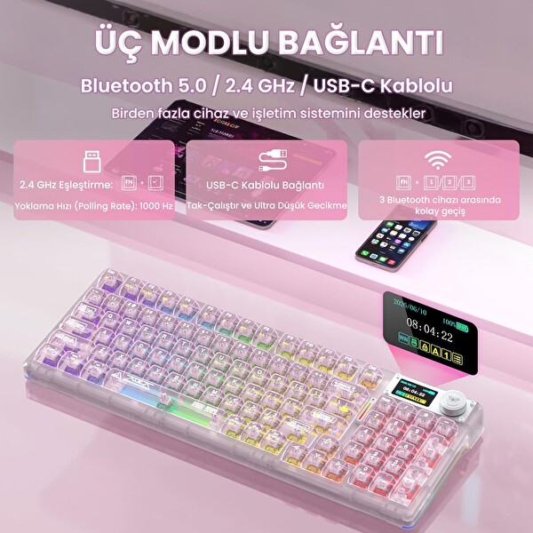 Aula F98 Pro V3 OLED Ekranlı RGB Mekanik Kablosuz Kristal Anahtarlı Hot Swap Gasket Makrolu Şeffaf Pembe Oyuncu Klavyesi