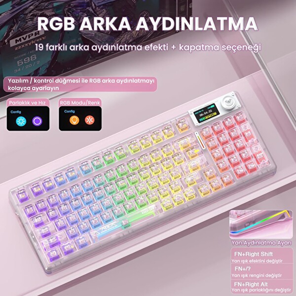 Aula F98 Pro V3 OLED Ekranlı RGB Mekanik Kablosuz Kristal Anahtarlı Hot Swap Gasket Makrolu Şeffaf Pembe Oyuncu Klavyesi