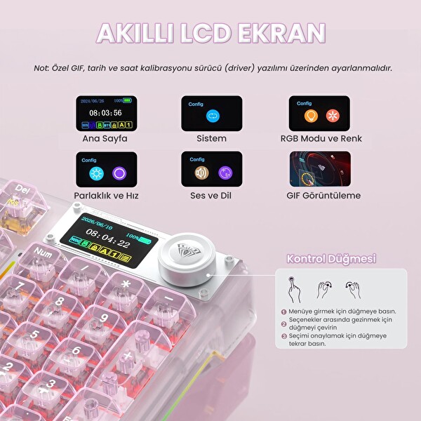 Aula F98 Pro V3 OLED Ekranlı RGB Mekanik Kablosuz Kristal Anahtarlı Hot Swap Gasket Makrolu Şeffaf Pembe Oyuncu Klavyesi