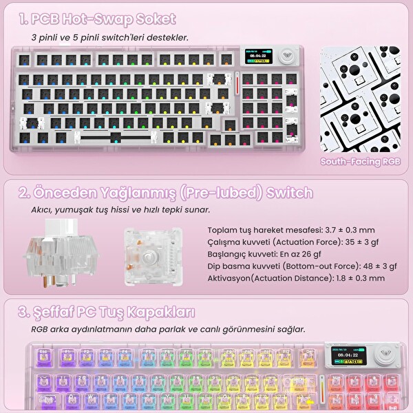 Aula F98 Pro V3 OLED Ekranlı RGB Mekanik Kablosuz Kristal Anahtarlı Hot Swap Gasket Makrolu Şeffaf Pembe Oyuncu Klavyesi