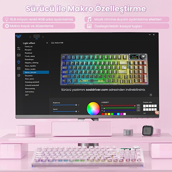 Aula F98 Pro V3 OLED Ekranlı RGB Mekanik Kablosuz Kristal Anahtarlı Hot Swap Gasket Makrolu Şeffaf Pembe Oyuncu Klavyesi