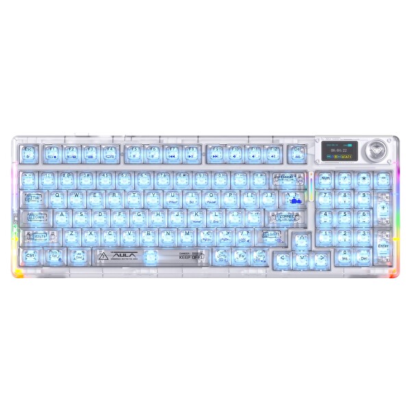 Aula F98 Pro V3 OLED Ekranlı RGB Mekanik Kablosuz Kristal Anahtarlı Hot Swap Gasket Makrolu Şeffaf Oyuncu Klavyesi