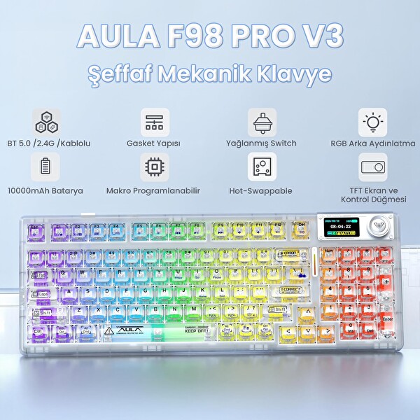 Aula F98 Pro V3 OLED Ekranlı RGB Mekanik Kablosuz Kristal Anahtarlı Hot Swap Gasket Makrolu Şeffaf Oyuncu Klavyesi