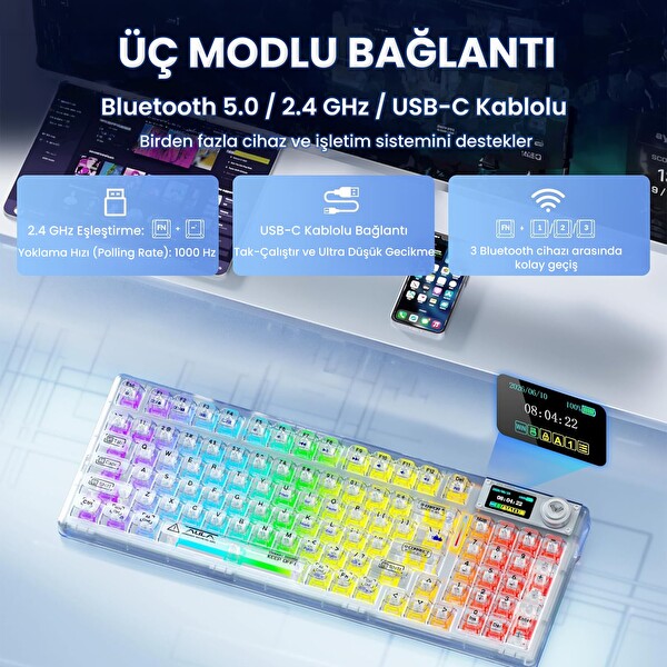 Aula F98 Pro V3 OLED Ekranlı RGB Mekanik Kablosuz Kristal Anahtarlı Hot Swap Gasket Makrolu Şeffaf Oyuncu Klavyesi
