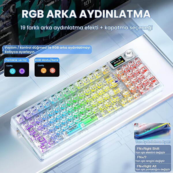 Aula F98 Pro V3 OLED Ekranlı RGB Mekanik Kablosuz Kristal Anahtarlı Hot Swap Gasket Makrolu Şeffaf Oyuncu Klavyesi