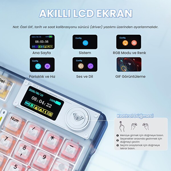 Aula F98 Pro V3 OLED Ekranlı RGB Mekanik Kablosuz Kristal Anahtarlı Hot Swap Gasket Makrolu Şeffaf Oyuncu Klavyesi