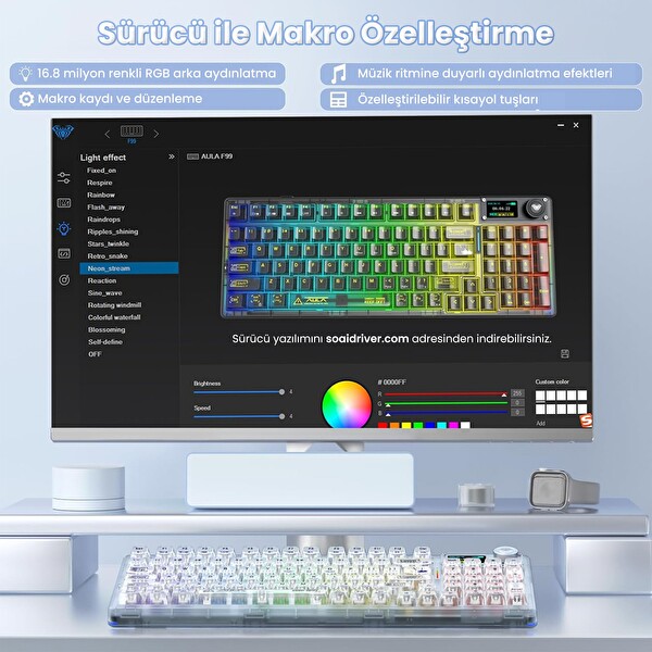 Aula F98 Pro V3 OLED Ekranlı RGB Mekanik Kablosuz Kristal Anahtarlı Hot Swap Gasket Makrolu Şeffaf Oyuncu Klavyesi