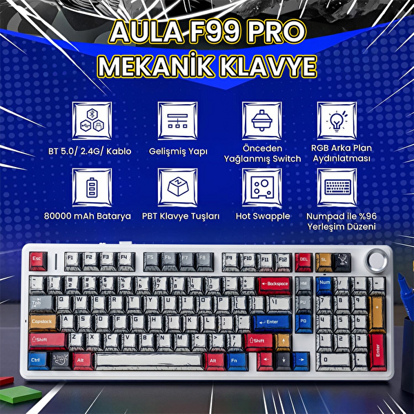 Aula F99 Pro 3 Modlu RGB Hot Swap Mekanik Star Vector Switch Comic Kablosuz Oyuncu Klavyesi