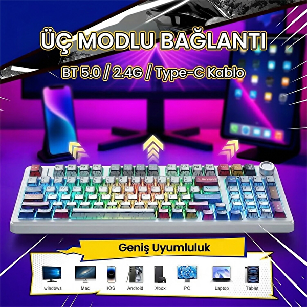 Aula F99 Pro 3 Modlu RGB Hot Swap Mekanik Star Vector Switch Comic Kablosuz Oyuncu Klavyesi