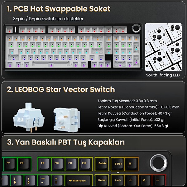 Aula F99 Pro 3 Modlu RGB Hot Swap Mekanik Star Vector Switch Siyah Kablosuz Oyuncu Klavyesi