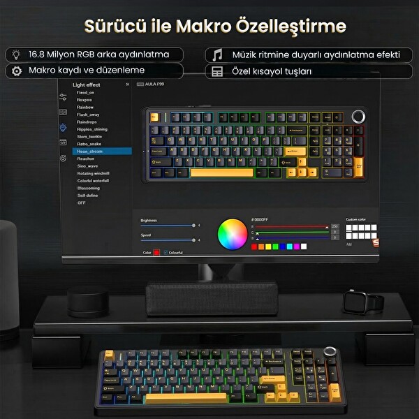 Aula F99 Pro 3 Modlu RGB Hot Swap Mekanik Star Vector Switch Siyah Kablosuz Oyuncu Klavyesi