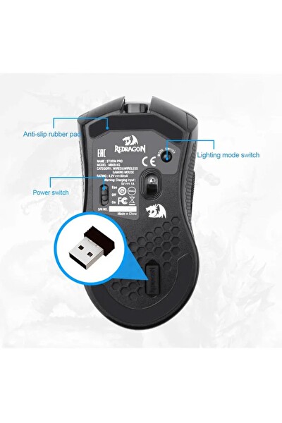 Redragon Storm Pro Kablosuz RGB PixArt PAW3335 16000 DPI Siyah Oyuncu Faresi M808-KS