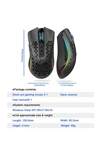 Redragon Storm Pro Kablosuz RGB PixArt PAW3335 16000 DPI Siyah Oyuncu Faresi M808-KS