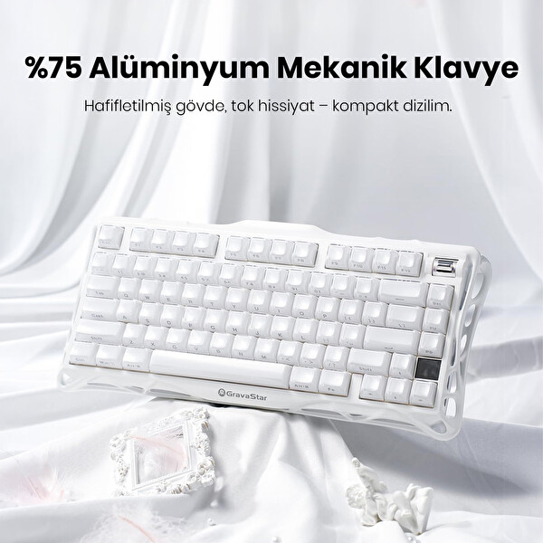 GravaStar Mercury K1 RGB İngilizce Q Opaline Beyaz Kablosuz Mekanik Oyuncu Klavyesi