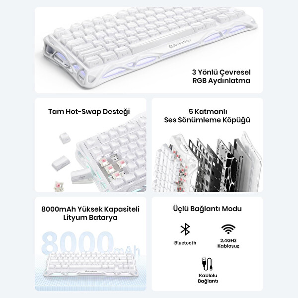GravaStar Mercury K1 RGB İngilizce Q Opaline Beyaz Kablosuz Mekanik Oyuncu Klavyesi