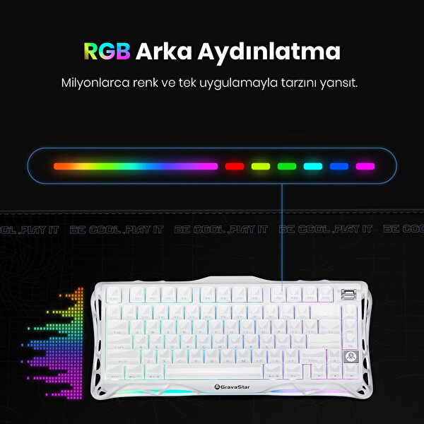 GravaStar Mercury K1 RGB İngilizce Q Opaline Beyaz Kablosuz Mekanik Oyuncu Klavyesi