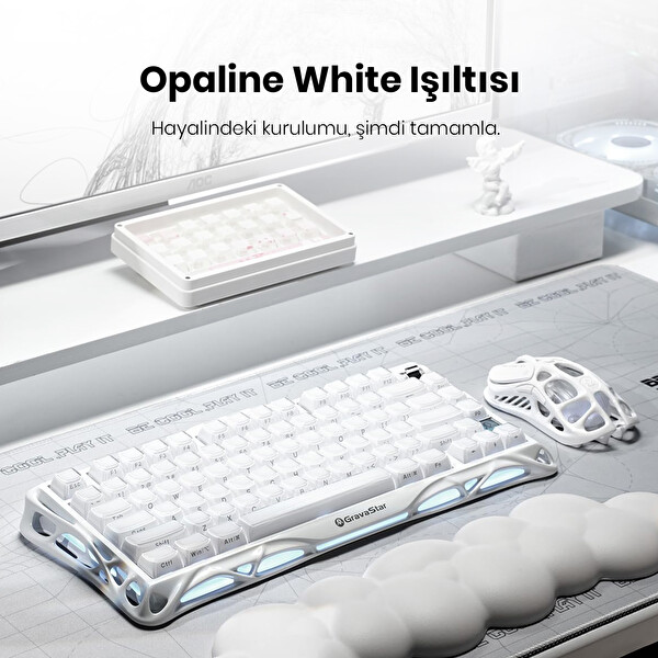 GravaStar Mercury K1 RGB İngilizce Q Opaline Beyaz Kablosuz Mekanik Oyuncu Klavyesi