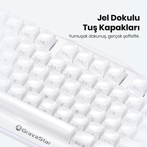 GravaStar Mercury K1 RGB İngilizce Q Opaline Beyaz Kablosuz Mekanik Oyuncu Klavyesi
