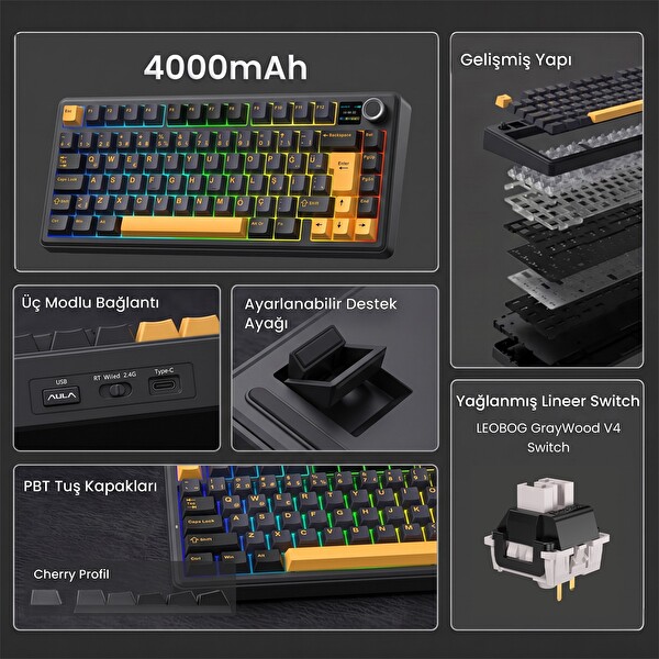 Aula F75 Max TKL RGB GrayWood V4 Switch Kablosuz Makrolu Hot Swap Türkçe Q Siyah Mekanik Oyuncu Klavyesi