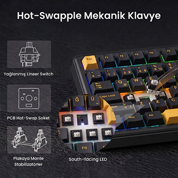 Aula F75 Max TKL RGB GrayWood V4 Switch Kablosuz Makrolu Hot Swap Türkçe Q Siyah Mekanik Oyuncu Klavyesi