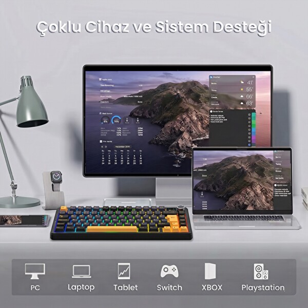 Aula F75 Max TKL RGB GrayWood V4 Switch Kablosuz Makrolu Hot Swap Türkçe Q Siyah Mekanik Oyuncu Klavyesi