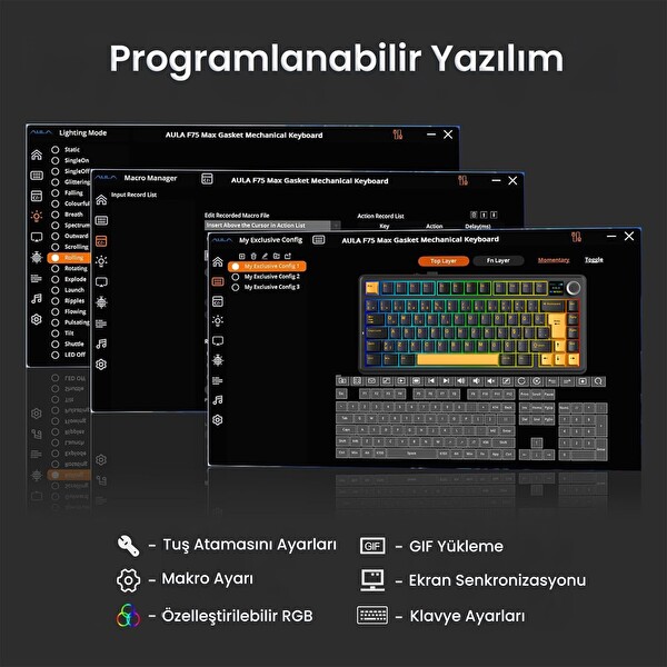 Aula F75 Max TKL RGB GrayWood V4 Switch Kablosuz Makrolu Hot Swap Türkçe Q Siyah Mekanik Oyuncu Klavyesi