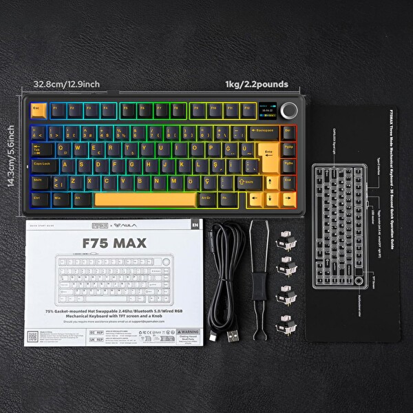 Aula F75 Max TKL RGB GrayWood V4 Switch Kablosuz Makrolu Hot Swap Türkçe Q Siyah Mekanik Oyuncu Klavyesi