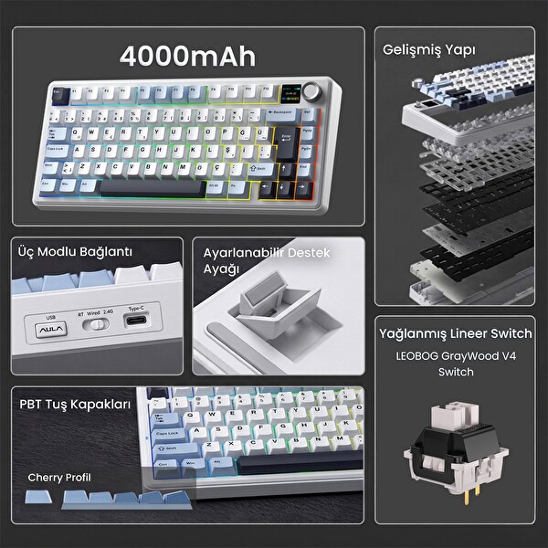 Aula F75 Max TKL RGB GrayWood V4 Switch Kablosuz Makrolu Hot Swap Türkçe Q Lacivert Mekanik Oyuncu Klavyesi