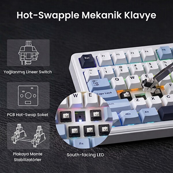 Aula F75 Max TKL RGB GrayWood V4 Switch Kablosuz Makrolu Hot Swap Türkçe Q Lacivert Mekanik Oyuncu Klavyesi