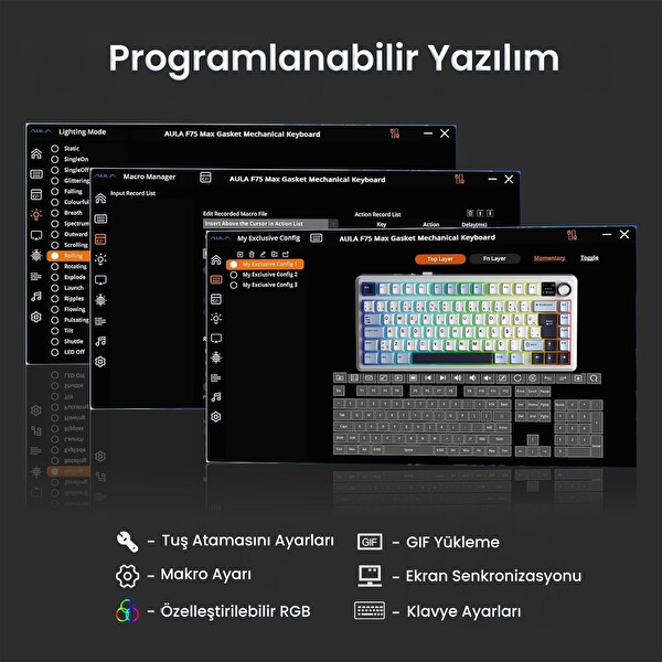 Aula F75 Max TKL RGB GrayWood V4 Switch Kablosuz Makrolu Hot Swap Türkçe Q Lacivert Mekanik Oyuncu Klavyesi