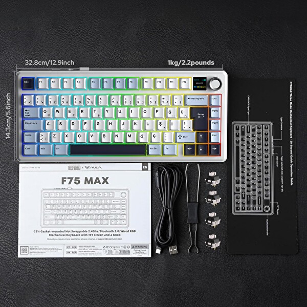 Aula F75 Max TKL RGB GrayWood V4 Switch Kablosuz Makrolu Hot Swap Türkçe Q Lacivert Mekanik Oyuncu Klavyesi