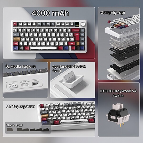 Aula F75 Max TKL RGB GrayWood V4 Switch Kablosuz Makrolu Hot Swap Türkçe Q Comic Mekanik Oyuncu Klavyesi