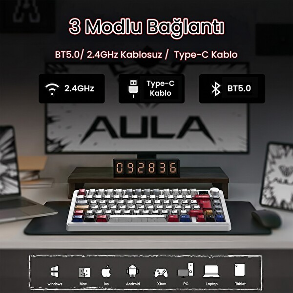 Aula F75 Max TKL RGB GrayWood V4 Switch Kablosuz Makrolu Hot Swap Türkçe Q Comic Mekanik Oyuncu Klavyesi