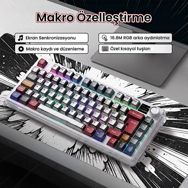 Aula F75 Max TKL RGB GrayWood V4 Switch Kablosuz Makrolu Hot Swap Türkçe Q Comic Mekanik Oyuncu Klavyesi