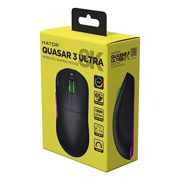 Hator HTM770 Quasar 3 ULTRA Black 8K Hz PixArt PAW 3950 Sensör RGB Kablosuz Simetrik Oyuncu Mouse