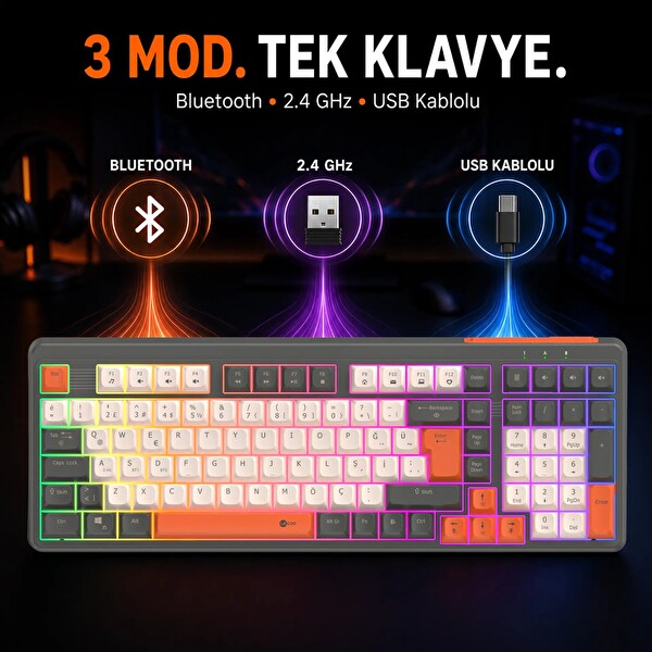 Lecoo GK104 RGB Bluetooth 2.4 GHz Kablosuz Kablolu Şarjlı Membran Türkçe Q Oyuncu Klavyesi