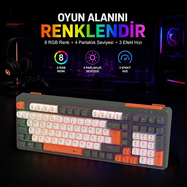 Lecoo GK104 RGB Bluetooth 2.4 GHz Kablosuz Kablolu Şarjlı Membran Türkçe Q Oyuncu Klavyesi