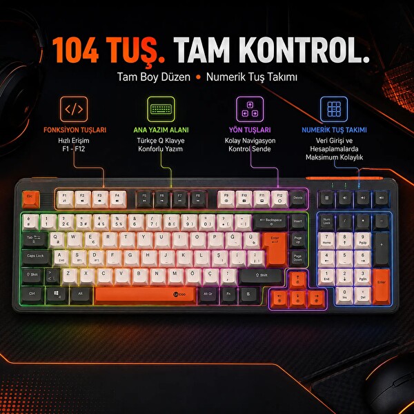 Lecoo GK104 RGB Bluetooth 2.4 GHz Kablosuz Kablolu Şarjlı Membran Türkçe Q Oyuncu Klavyesi