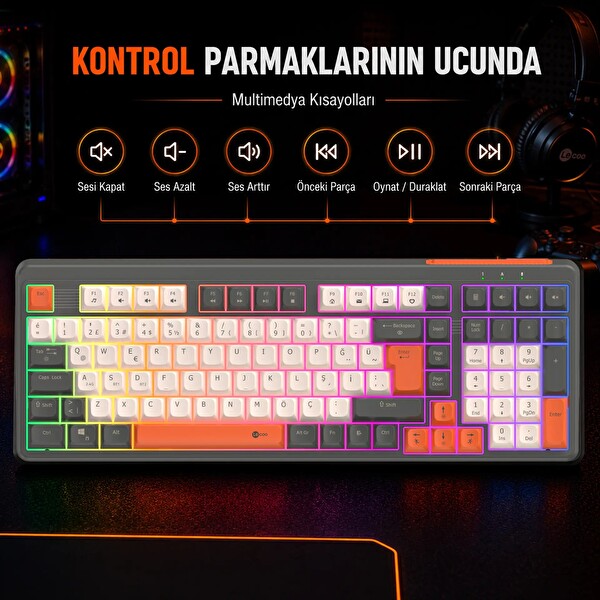 Lecoo GK104 RGB Bluetooth 2.4 GHz Kablosuz Kablolu Şarjlı Membran Türkçe Q Oyuncu Klavyesi