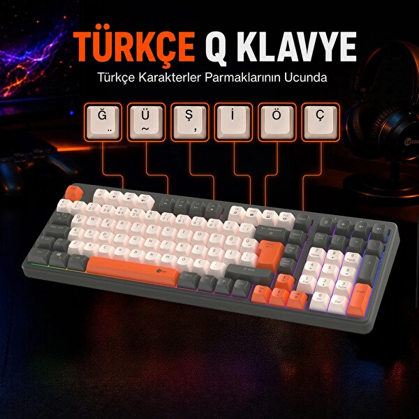 Lecoo GK104 RGB Bluetooth 2.4 GHz Kablosuz Kablolu Şarjlı Membran Türkçe Q Oyuncu Klavyesi