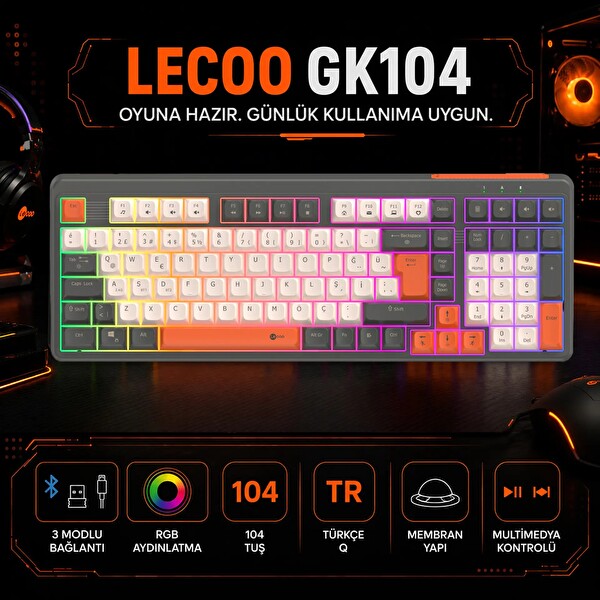 Lecoo GK104 RGB Bluetooth 2.4 GHz Kablosuz Kablolu Şarjlı Membran Türkçe Q Oyuncu Klavyesi