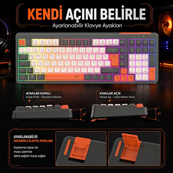 Lecoo GK104 RGB Bluetooth 2.4 GHz Kablosuz Kablolu Şarjlı Membran Türkçe Q Oyuncu Klavyesi