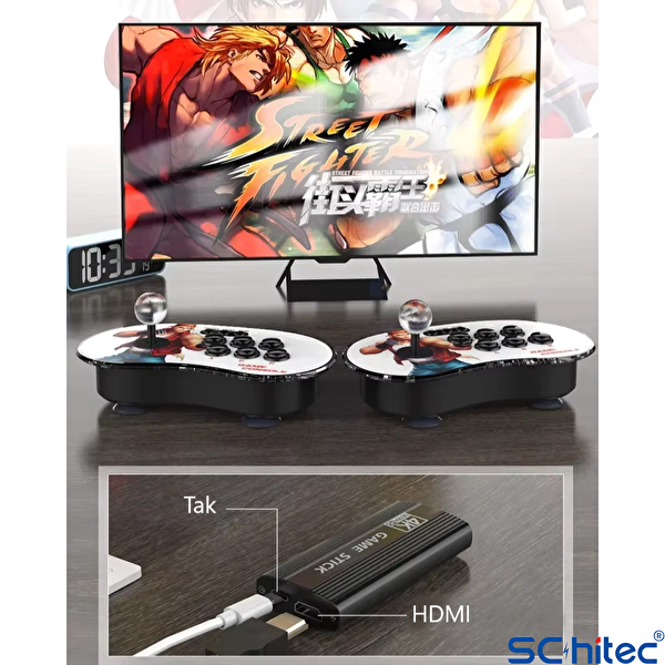 ScHitec 4K Arcade 10000 Retro Oyunlu 2 Kablosuz Joystickli Oyun Konsolu