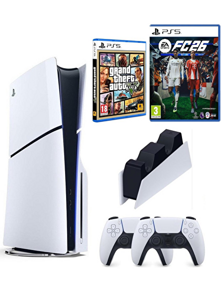 Sony Playstation 5 Slim Oyun Konsolu +2. Dualsense Kol + Şarj İstasyonu + PS5 FC26 + GTA V Oyun (İthalatçı Garantili)