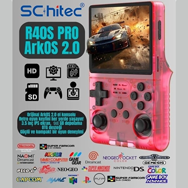 Schitec Retro Arcade R40S Pro Taşınabilir El Atari Konsolu 30.000 Oyunlu 98 GB Kırmızı