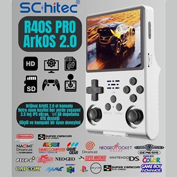 Schitec Retro Arcade R40S Pro Taşınabilir El Atari Konsolu 30.000 Oyunlu 98GB Beyaz