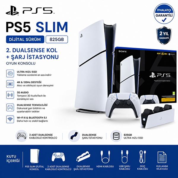 Sony PS5 Slim Dijital 825GB - 2. Dualsense Ps5 Kol - Şarj İstasyonlu Oyun Konsolu (İthalatçı Garantili)