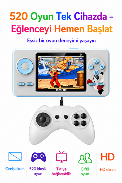 Qasul 520 Oyunlu Şarjlı Tv Bağlantılı Çift Kişilik Oynanabilir S5 Mavi Taşınabilir Oyun Konsolu